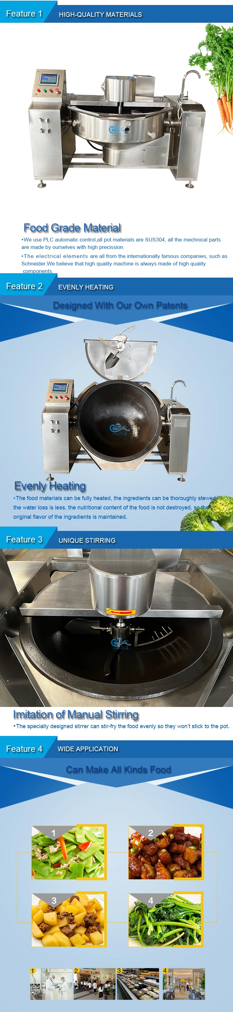 High Quality Industrial Automatic Cast Iron Pot Vegetables Cooker with Mixer
